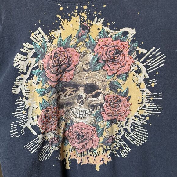 Y2K Avirex Black Skull Rose Rhinestone T-Shirt XXL Biker Grunge Indie Sleaze - Picture 3 of 7